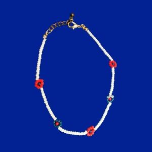White Beaded Daisy Chain Bracelet With Red and Blue Flowers | Jewelry | USA |​